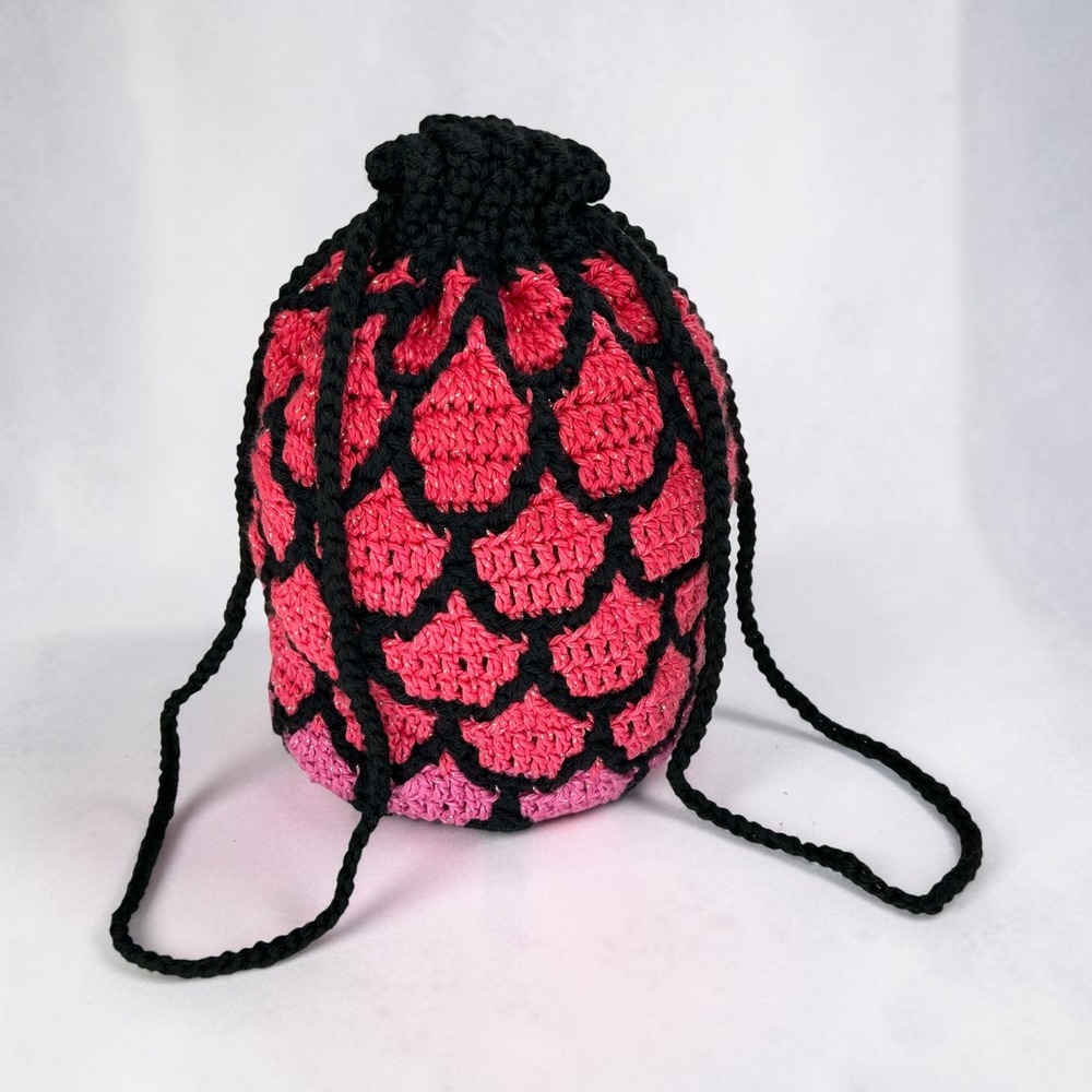 Handmade Pink Black Crochet Dragon Egg Pouch Bag Women Small Sparkle Mosaic
